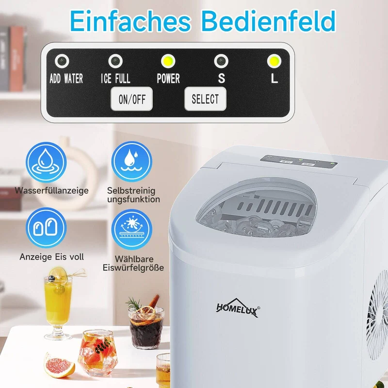 Eiswürfelmaschine 1,4 L Ice Maker, 2 wählbare Eiswürfelgrößen, 9 Eiswürfel in 6 Minuten, Selbstreinigungsfunktion Weiß