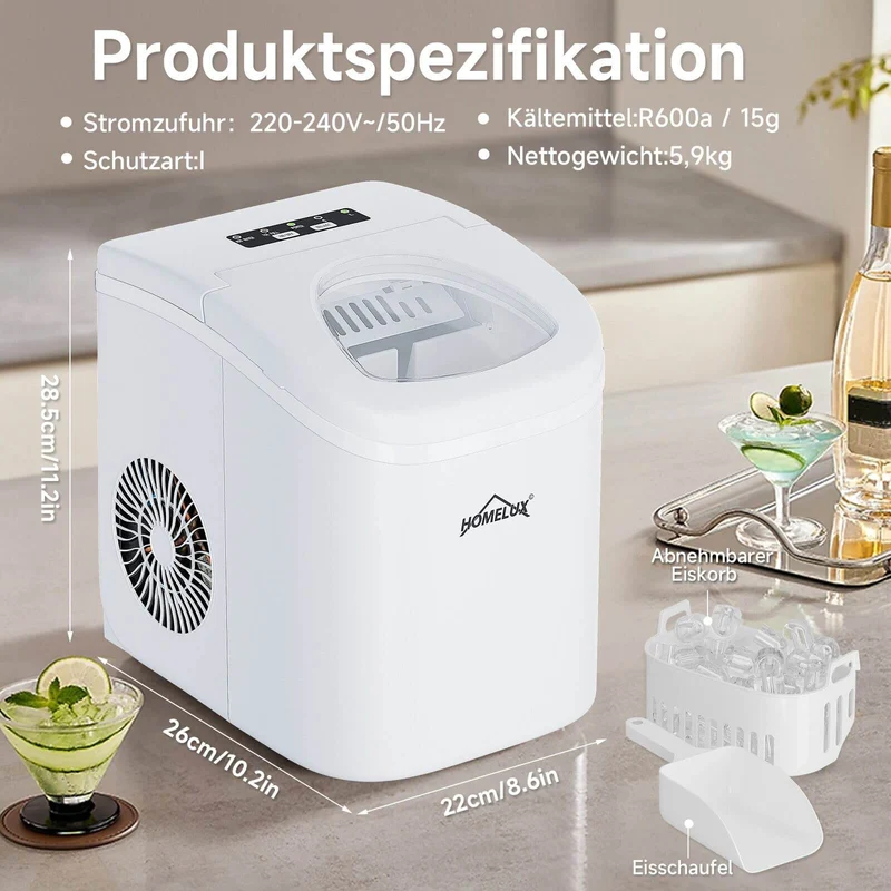 Eiswürfelmaschine 1,4 L Ice Maker, 2 wählbare Eiswürfelgrößen, 9 Eiswürfel in 6 Minuten, Selbstreinigungsfunktion Weiß