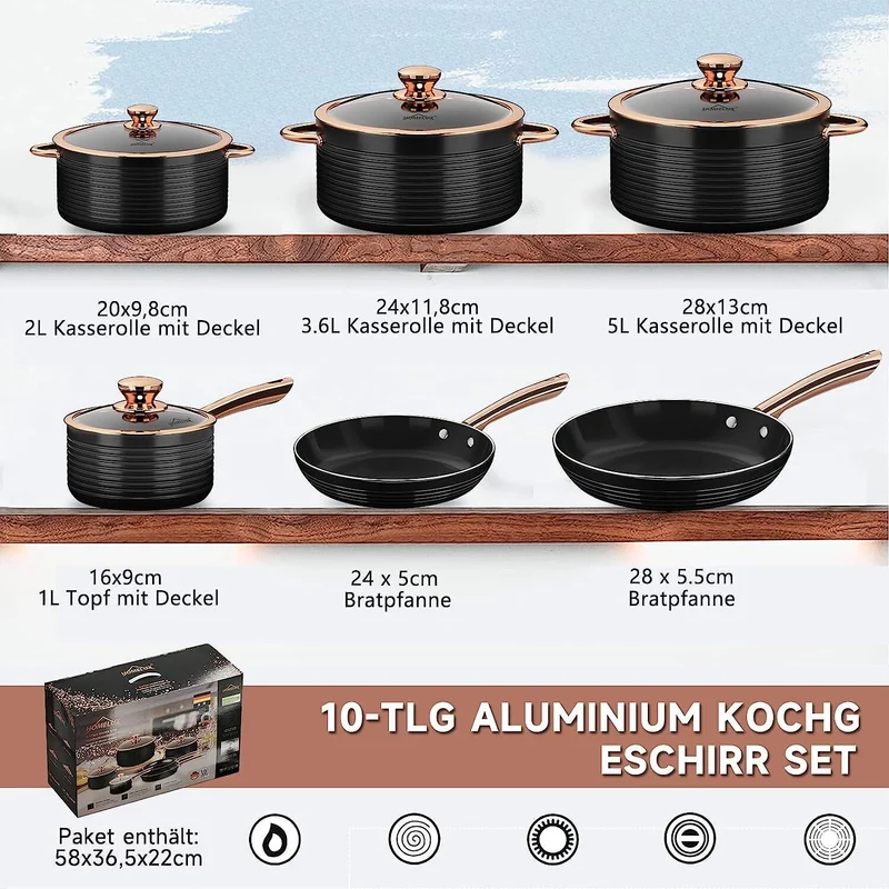 HOMELUX 10tlg Induktions-Töpfe Set: Aluminiumguss Kochtopfset mit Keramik-Antihaftbeschichtung Für Induktion und alle Herdarten geeignet