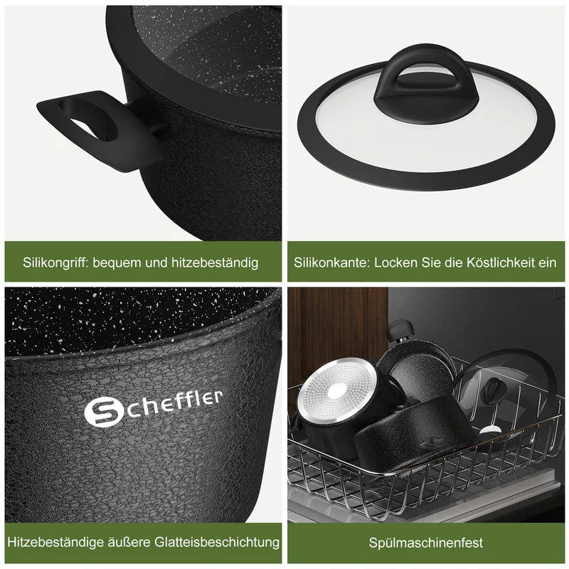 Scheffler Topfset, Induktions Töpfe Set 6-teilig, Antihaft-beschichtete Topfe, Kochtopf Set mit Glasdeckel, Spülmaschinenfest