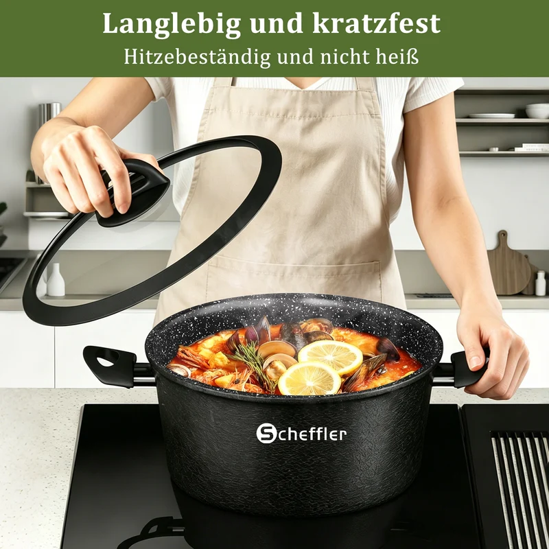 Scheffler Topfset, Induktions Töpfe Set 6-teilig, Antihaft-beschichtete Topfe, Kochtopf Set mit Glasdeckel, Spülmaschinenfest