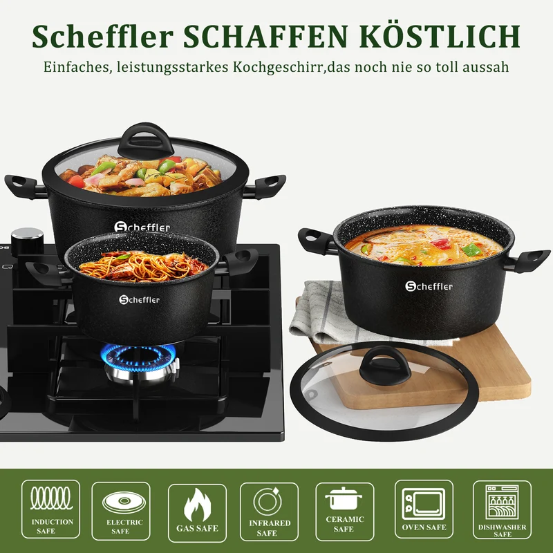 Scheffler Topfset, Induktions Töpfe Set 6-teilig, Antihaft-beschichtete Topfe, Kochtopf Set mit Glasdeckel, Spülmaschinenfest