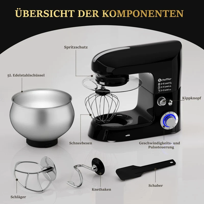 Küchenmaschine 2000W ,5L Edelstahlschüssel Knetmaschine mit 6. Gang, Große Küchenmaschine 5L 2000W Knetmaschine Rührmaschine Rührgerät