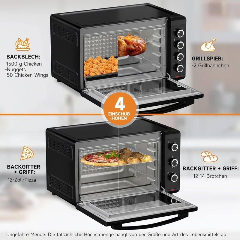 Minibackofen 60L mit Drehspieß Timer Mini Backofen Pizza-Ofen 2000W Mini Ofen