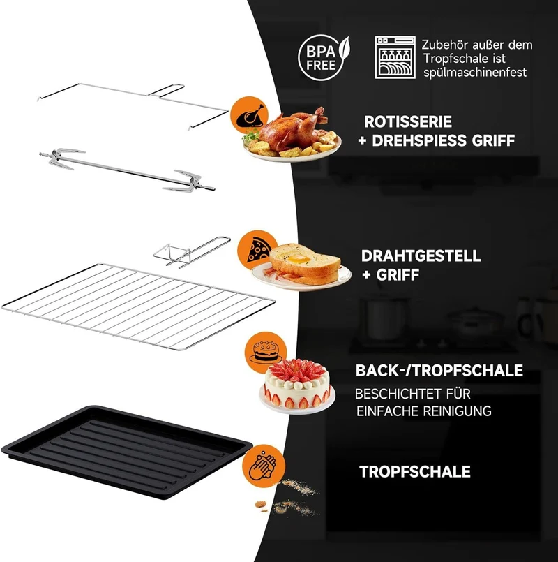 Minibackofen 60L mit Drehspieß Timer Mini Backofen Pizza-Ofen 2000W Mini Ofen