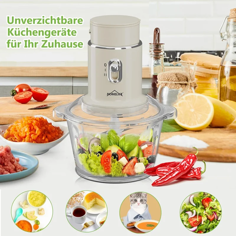 HOMELUX 4-in-1 Küchenallrounder: Zerkleinern, Mixen & Mahlen mit robustem 2L Glasbehälter und 600ml Saftbecher