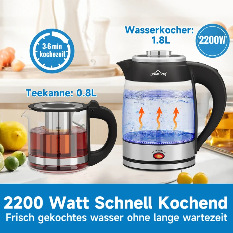 2200 Watt Teekocher 1,8L Wasserkocher Glas 0,8L Teekanne mit Sieb Teemaschine