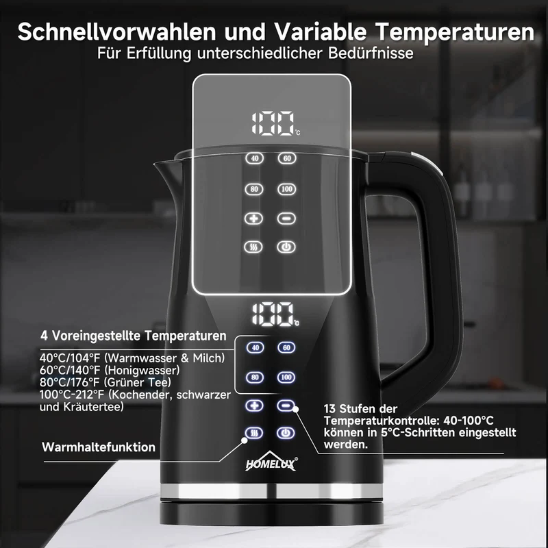 2200W Elektrischer Wasserkocher mit Temperaturwahl 40-100°C Edelstahl Doppelwand