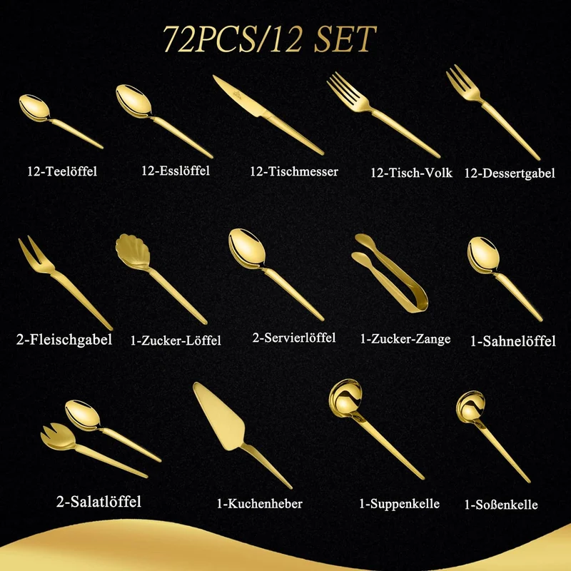 72-teiliges Besteckset aus glänzendem 18/10-Edelstahl für 12 Personen. Spülmaschinenfest & langlebig. Perfekt für jede Gelegenheit