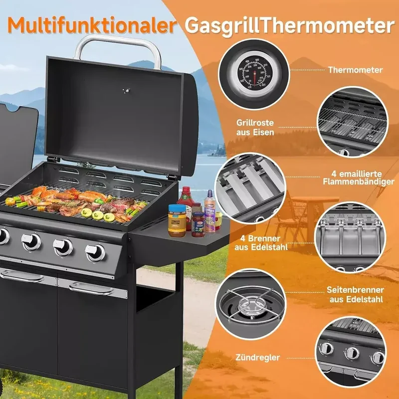 15kW Gasgrill BBQ Grillwagen mit 4+1 Brennern und Seitenkocher