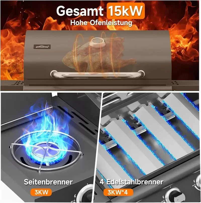 15kW Gasgrill BBQ Grillwagen mit 4+1 Brennern und Seitenkocher
