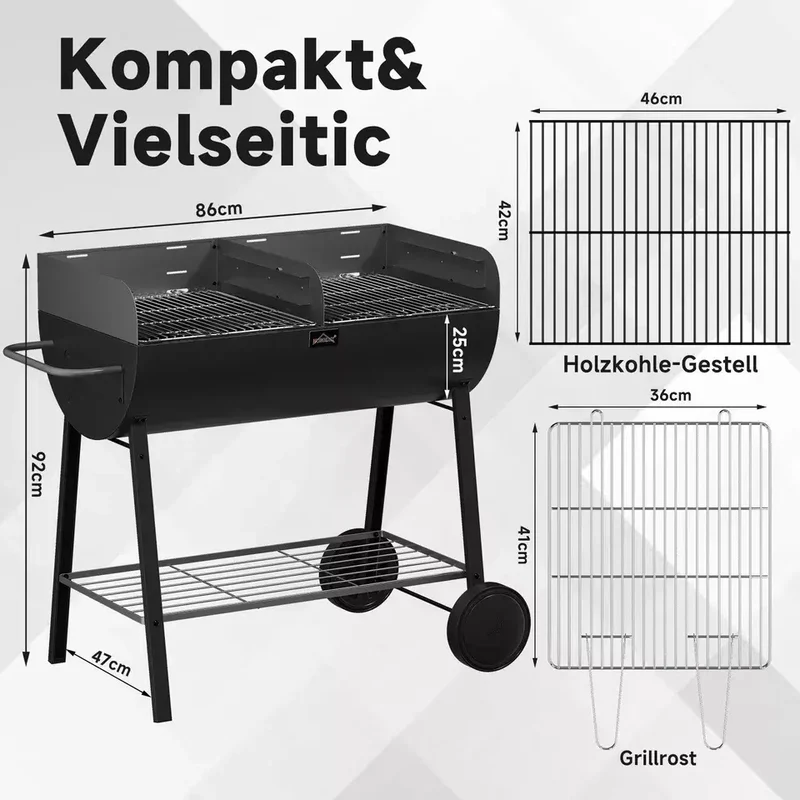 HOMELUX XXL Holzkohlegrill Mobiler Grillwagen mit 2 Grillflächen, höhenverstellbar, aus robustem Stahl mit Ablage