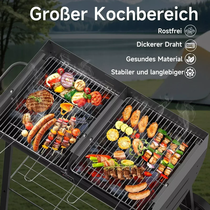 HOMELUX XXL Holzkohlegrill Mobiler Grillwagen mit 2 Grillflächen, höhenverstellbar, aus robustem Stahl mit Ablage