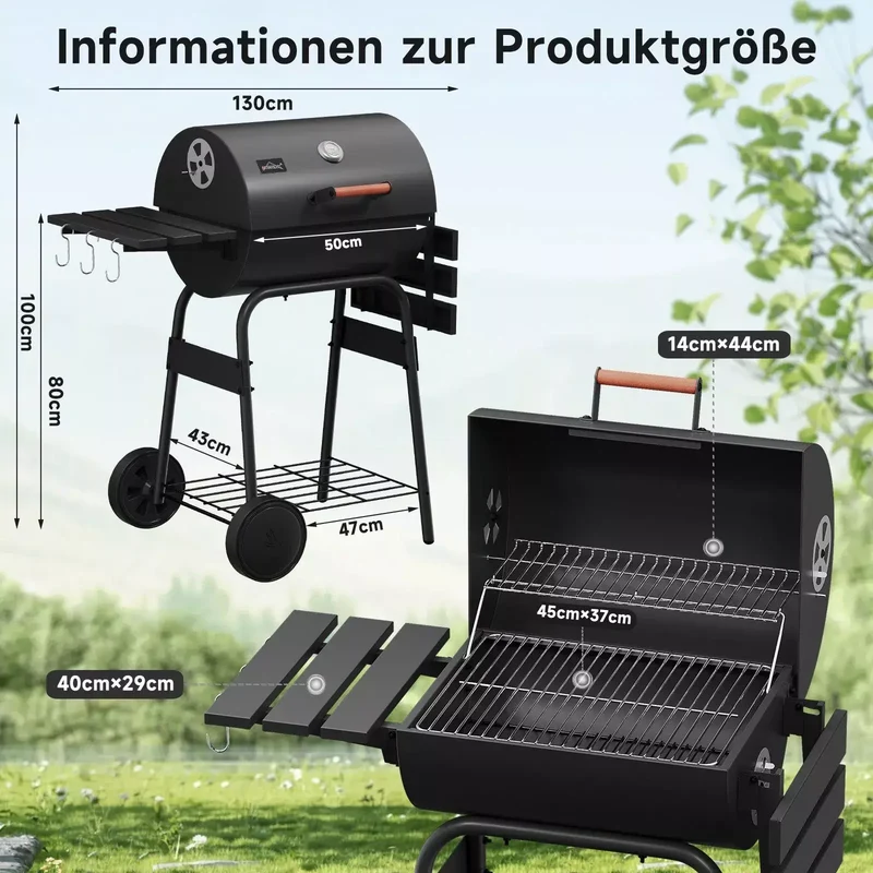 Holzkohlegrill BBQ Smoker – Robuster Grillwagen mit Thermometer, Räucherofen & Ablagen für perfektes Grillvergnügen