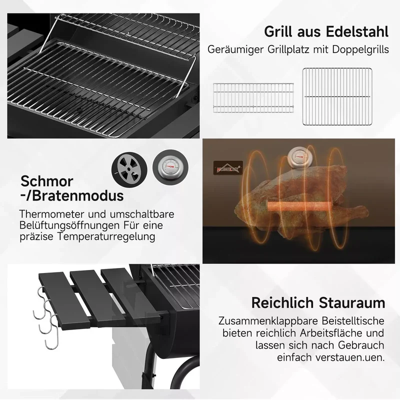 Holzkohlegrill BBQ Smoker – Robuster Grillwagen mit Thermometer, Räucherofen & Ablagen für perfektes Grillvergnügen