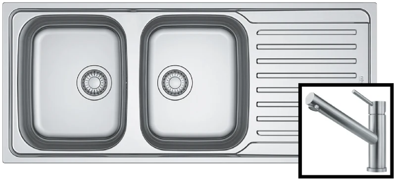 Franke Antea Double Bowl Sink with Right Hand Drainer and Orbit Non Pull-Out Tap Pack