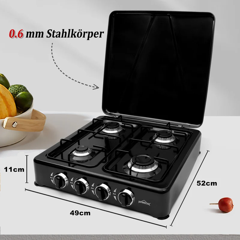 HOMELUX Gaskocher 4 flammig Campingkocher mit Deckel 6,2 kW Kocher Gas Herd Outdoor