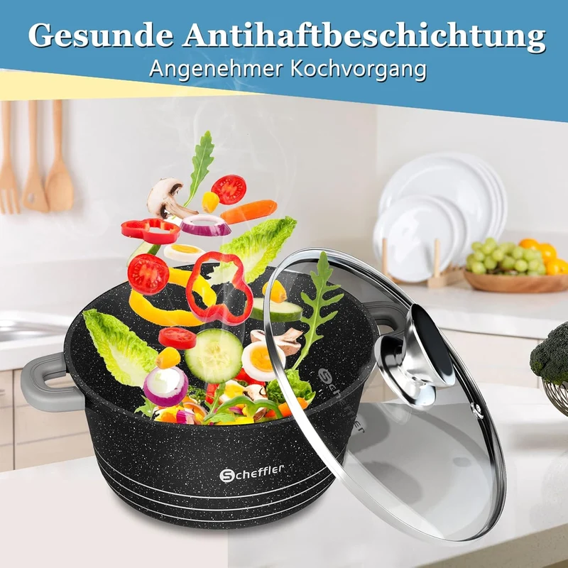 Scheffler Topfset Topf-Set Kochtopf Set 20/24/28/32cm Induktions Antihaftbeschichtung Töpfe Set mit Glasdeckel