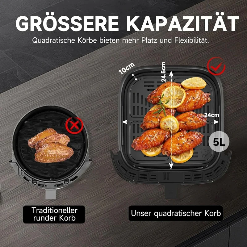 Scheffler Heißluftfritteuse XXL 5.5L Sicherheitsschutz Airfryer mit Sichtfenster, 1800W, 12 Programmen LED-Touchscreen BPA-frei