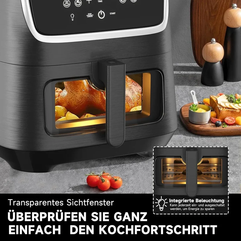 Scheffler Heißluftfritteuse XXL 5.5L Sicherheitsschutz Airfryer mit Sichtfenster, 1800W, 12 Programmen LED-Touchscreen BPA-frei