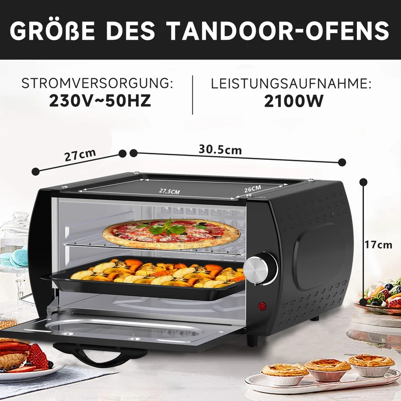 Scheffler Minibackofen Mini-Tandoor 2100 W mit Antihaftbeschichtete Deckplatte, großes Sichtfenster