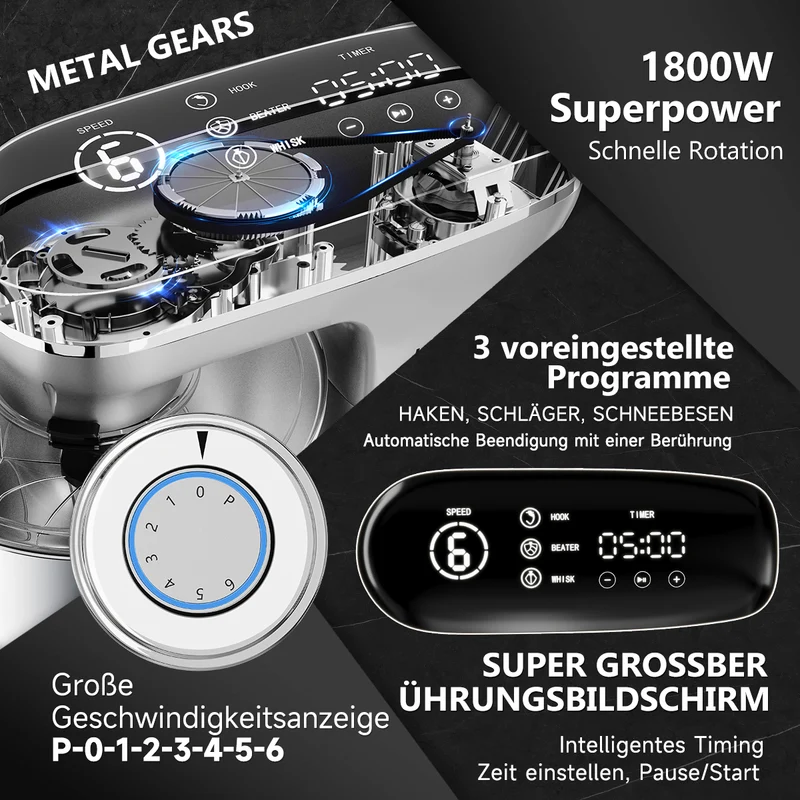 HOMELUX Knetmaschine 8L – 1800W, 6 Geschwindigkeiten, LED-Touchscreen, Edelstahl-Rührschüssel, leise & leistungsstark für Teig & mehr