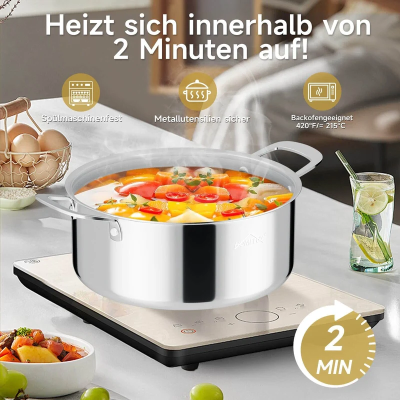 Edelstahl Kochtopf Induktion mit Glasdeckel Schmortopf Antihaft in 20/24/26 cm