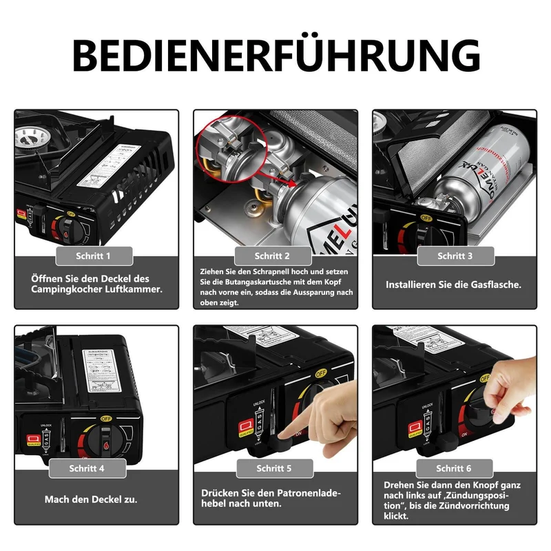 Gaskocher Campingkocher 2-flammig mit Gaskartuschen + 45 x 24 cm Grillplatte