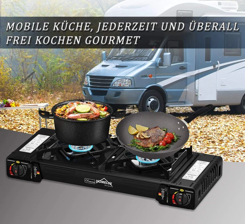 Gaskocher Campingkocher 2-flammig mit Gaskartuschen + 45 x 24 cm Grillplatte