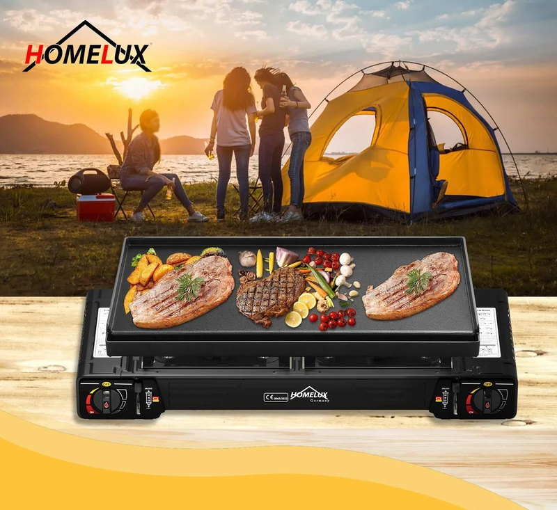 Gaskocher Campingkocher 2-flammig mit Gaskartuschen + 45 x 24 cm Grillplatte