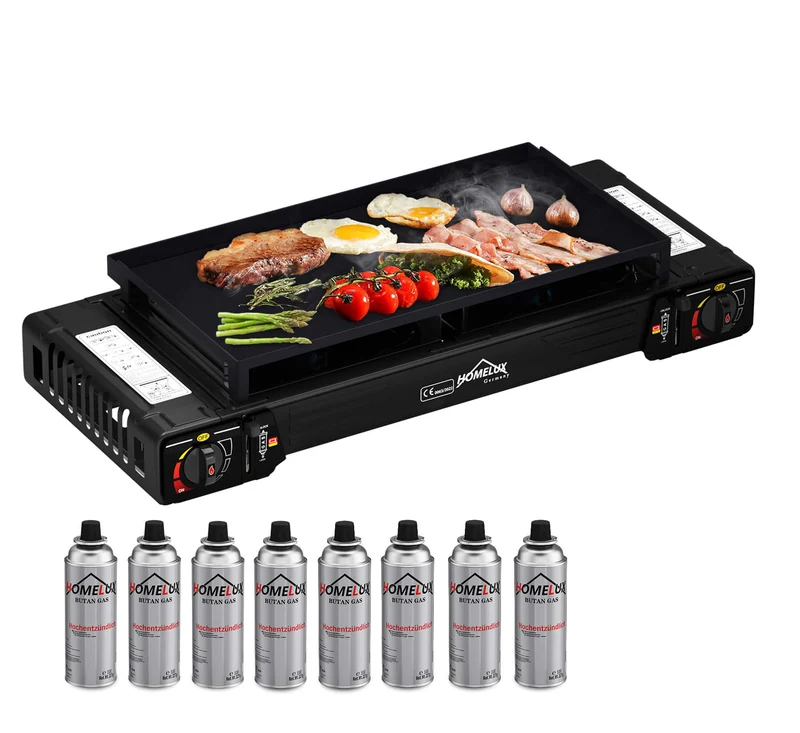 Gaskocher Campingkocher 2-flammig mit Gaskartuschen + 45 x 24 cm Grillplatte