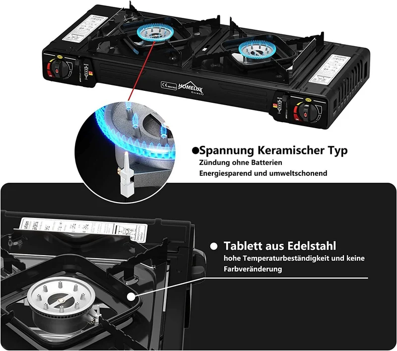 Gaskocher Campingkocher 2 Flammig HOMELUX Gaskocher mit / ohne Gaskartuschen, für Grill Camper im Outdoor Camping