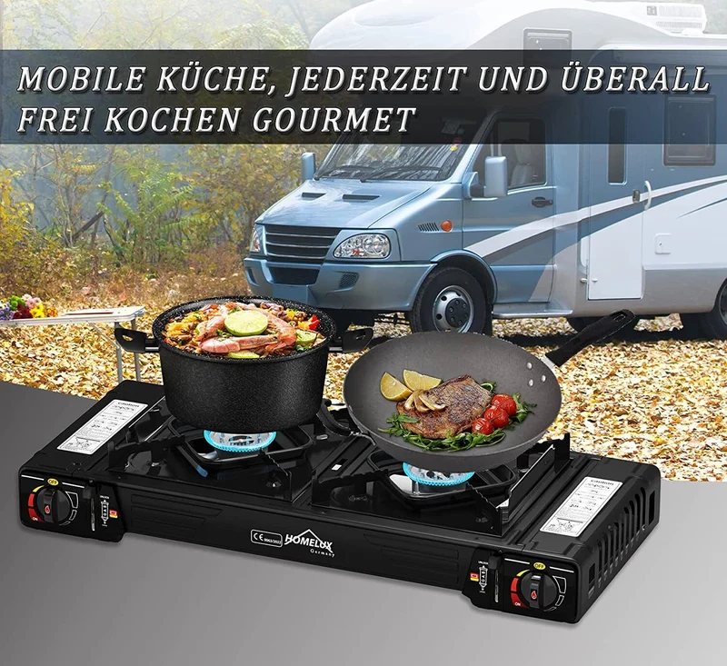 Gaskocher Campingkocher 2 Flammig HOMELUX Gaskocher mit / ohne Gaskartuschen, für Grill Camper im Outdoor Camping