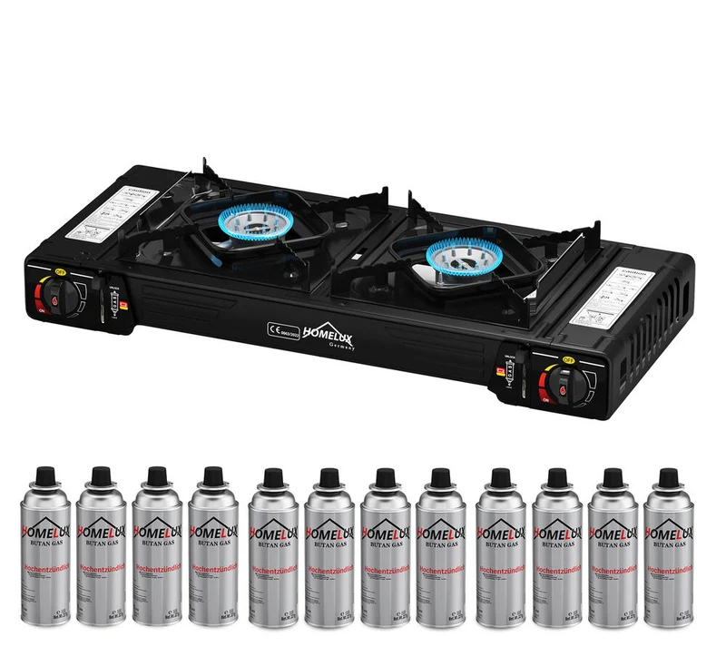 Gaskocher Campingkocher 2 Flammig HOMELUX Gaskocher mit / ohne Gaskartuschen, für Grill Camper im Outdoor Camping