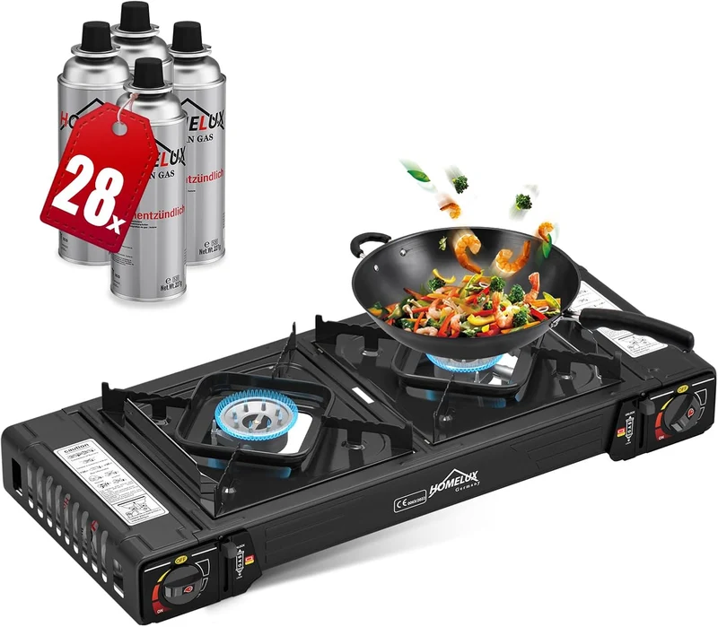 Gaskocher Campingkocher 2 Flammig HOMELUX Gaskocher mit / ohne Gaskartuschen, für Grill Camper im Outdoor Camping