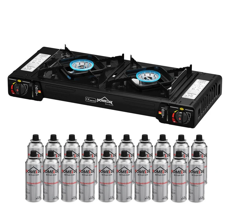Gaskocher Campingkocher 2 Flammig HOMELUX Gaskocher mit / ohne Gaskartuschen, für Grill Camper im Outdoor Camping