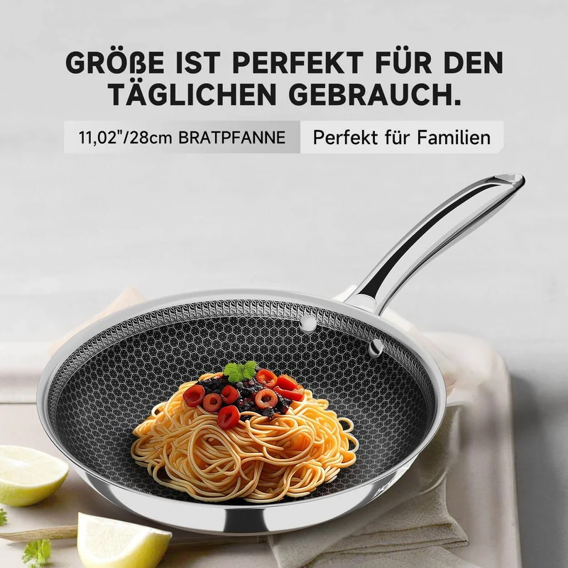 24 cm / 28 cm Bratpfanne Edelstahlpfanne Beschichtete Pfanne Edelstahl Bratpfanne mit Waben-Antihaftbeschichtung