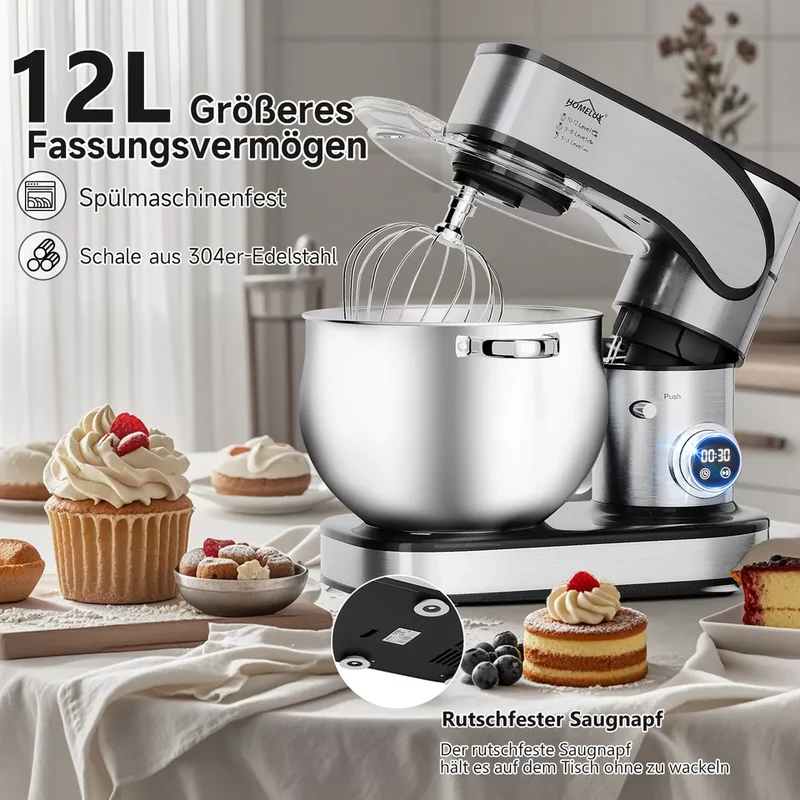 12L Küchenmaschine 2500W Küchenmaschine 12L Knetmaschine Rührmaschine LED-Touchscreen Teigmaschine