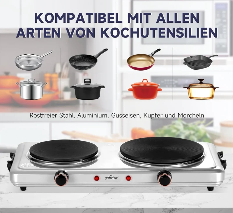 Herdplatte mit tragbaren Doppelkochfeldern, 1000W/1500W/2000W/2500W, elektrisch Herdplatte
