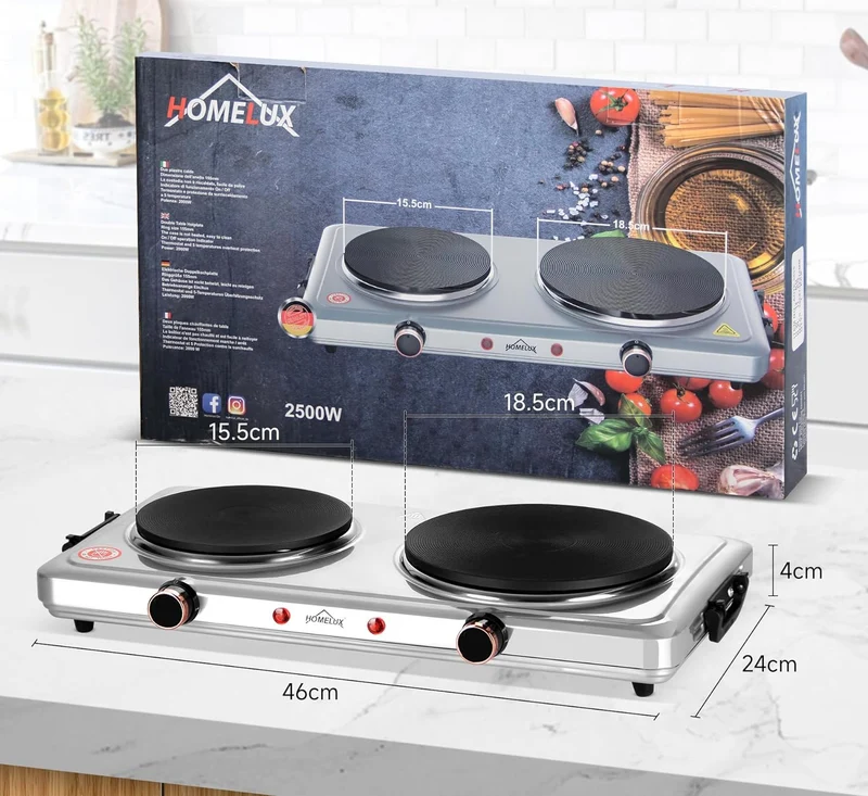 Herdplatte mit tragbaren Doppelkochfeldern, 1000W/1500W/2000W/2500W, elektrisch Herdplatte