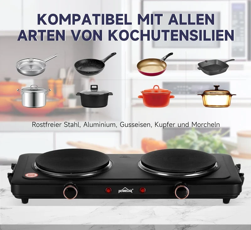 Herdplatte mit tragbaren Doppelkochfeldern, 1000W/1500W/2000W/2500W, elektrisch Herdplatte