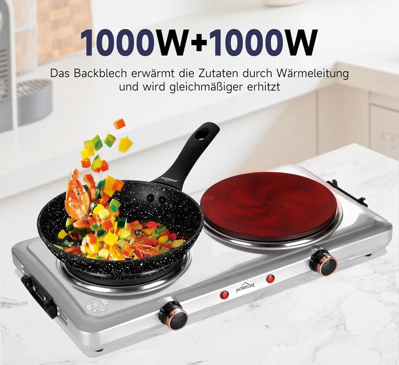 Herdplatte mit tragbaren Doppelkochfeldern, 1000W/1500W/2000W/2500W, elektrisch Herdplatte