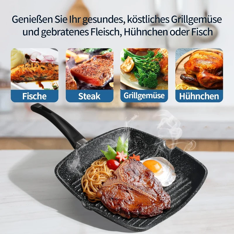 28x28 cm Grillpfanne mit Ausguss, 100% PFOA-frei. Antihaftbeschichtete Steakpfanne aus Aluminiumguss für Gas, Induktion & Elektroherd