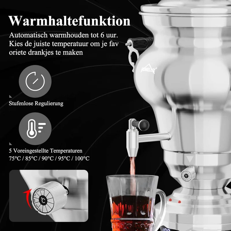 5L +1.6L / 2.5L +1.2L Elektrischer Samoware Edelstahl Teekocher mit 1850W, Warmhaltefunktion & Ablasshahn