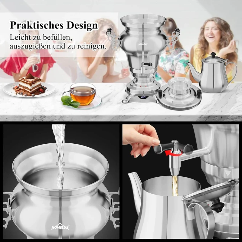5L +1.6L / 2.5L +1.2L Elektrischer Samoware Edelstahl Teekocher mit 1850W, Warmhaltefunktion & Ablasshahn
