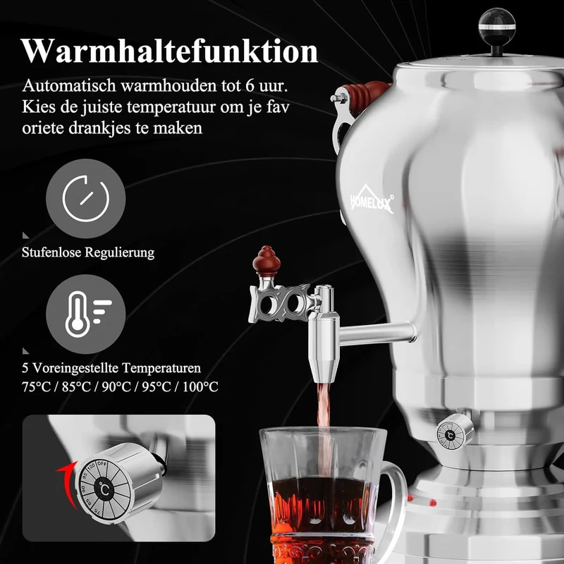 5L +1.6L / 2.5L +1.2L Elektrischer Samoware Edelstahl Teekocher mit 1850W, Warmhaltefunktion & Ablasshahn