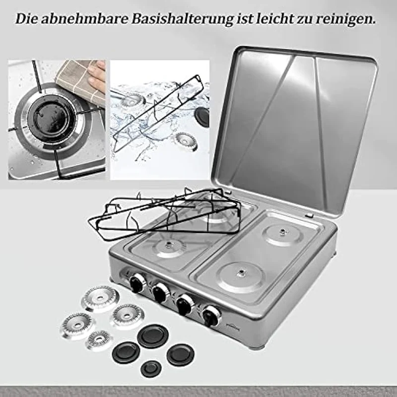 HOMELUX Gaskocher 4 flammig Campingkocher mit Deckel 6,2 kW Kocher Gas Herd Outdoor