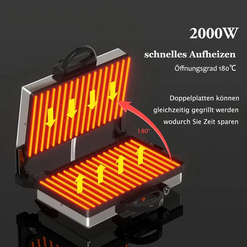 Kontaktgrill 2000W Edelstahl Multigrill für Lahmacun & Elektro-Grillfunktion