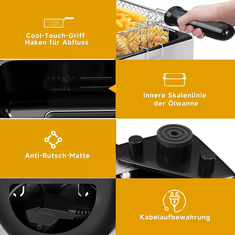 HOMELUX Friteuse 3 L 2000W fritteuse mit öl, Temperaturregler, Edelstah fritteuse mit Fett & Öl, Deep Fryer, Elektrische Fritteuse