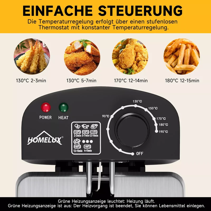 HOMELUX Friteuse 3 L 2000W fritteuse mit öl, Temperaturregler, Edelstah fritteuse mit Fett & Öl, Deep Fryer, Elektrische Fritteuse